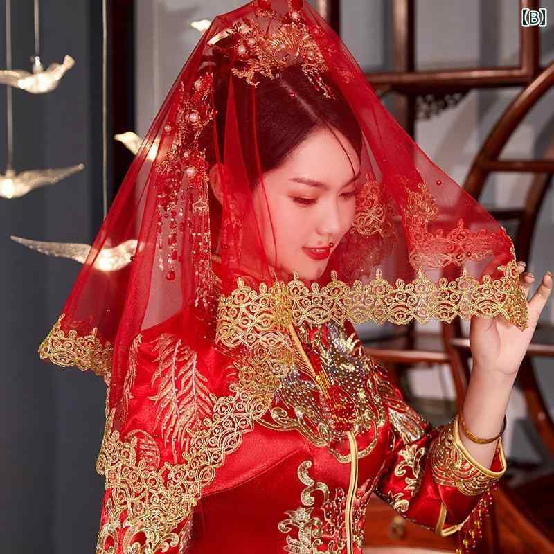 ウェディング ベール 中国風 ヒジャブ ショート丈 ブライダル 結婚式 披露宴 セレモニー 前撮り 刺繍 花柄 豪華 シースルー コスプレ 小道具 赤