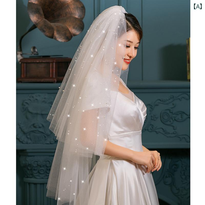 ウェディング ベール 花嫁 パール 髪飾り ミドル丈 かわいい フェミニン 結婚式 披露宴 セレモニー 前撮り シースルー シフォン コスプレ 小道具 白