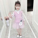 スカート キッズ 女の子 セットアップ トップス 長袖 シャツ 襟付き ベスト チュール フリンジ ショルダーバッグ アクセサリー かわいい パイナップル ピンク 黄色 お出かけ レジャー 春秋 子供服