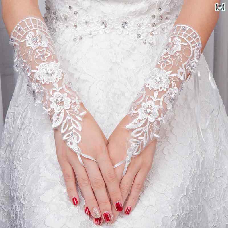 グローブ ブライダル ウェディング 花嫁 結婚式 ドレス 手袋 フラワー レース 花 ストーン 指なし フィンガーレス メッシュ ガーゼ ミドル丈 女性 披露宴 2次会 アクセサリー