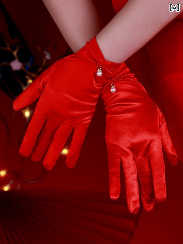 グローブ ブライダル ウェディング 手袋 赤 レース サテン ドレス ロング ショート 中国 エチケット 結..