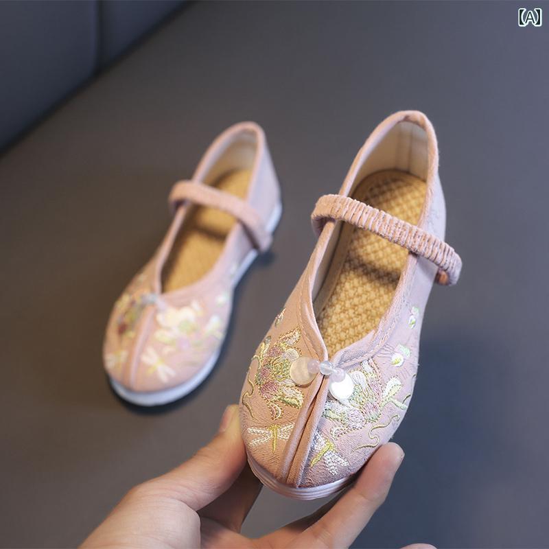 キッズ 女の子 可愛い 靴 刺繍 春夏 秋冬 白 ピンク 赤 うさぎ 花柄 鶴 シューズ 中国風 子供 漢服 布 レトロ ベビー ダンス フラット ペタンコ 歩きやすい ゴムバンド