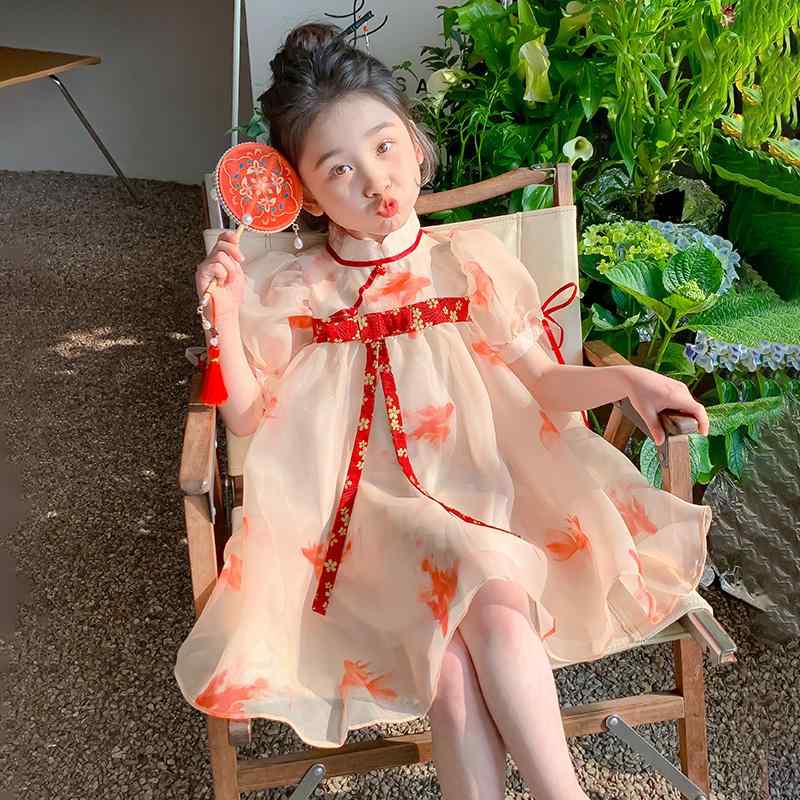 チャイナ服 子供 女の子 中国風 ワンピース オレンジ夏 半袖 スタンドカラー パフスリーブ かわいい 吸湿性 通気性 パーディー ショッピング シフォン