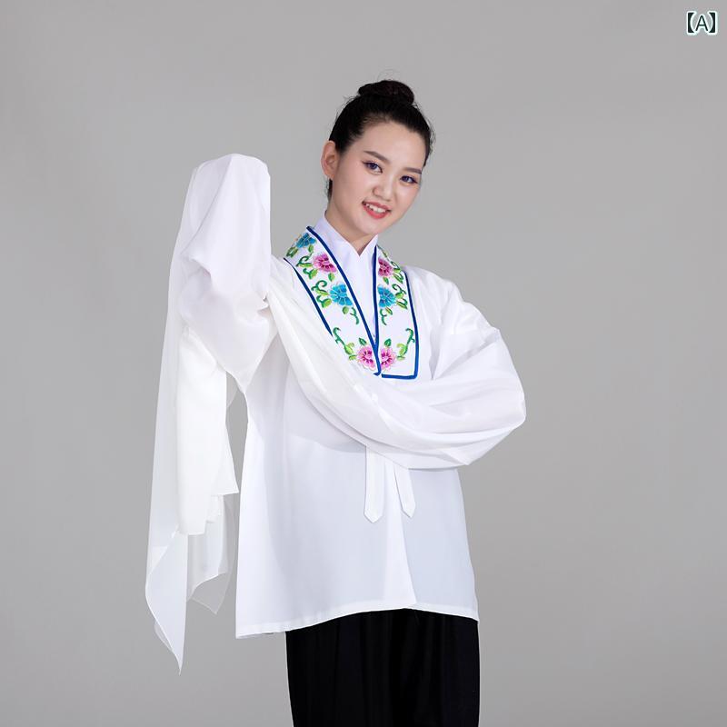中国 舞踊 衣装 練習着 レディース 子供 女の子 トップス 水袖 長袖 しわ加工 レトロ パフォーマンス ダンス 京劇 黄梅戯 花旦 花柄 白 赤 青