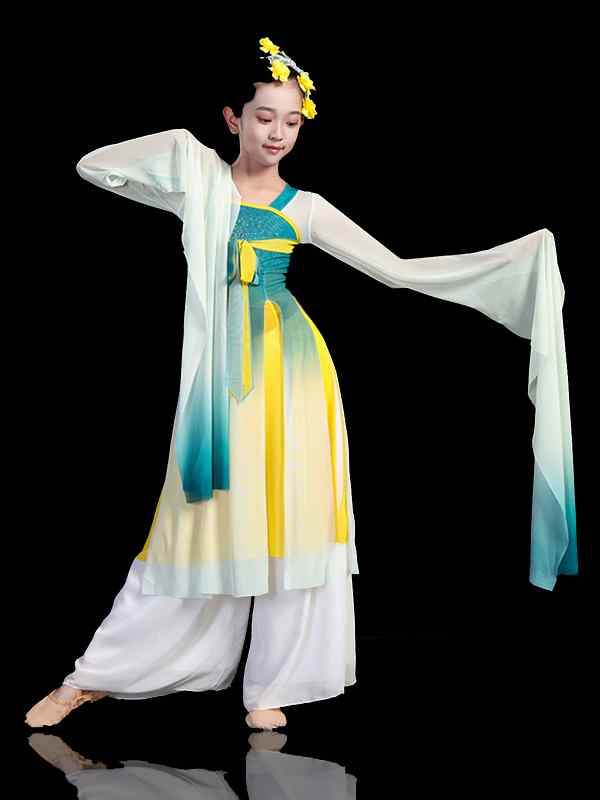 中国 舞踊 衣装 子供 女の子 水袖 スリム フィット シフォン ソフト 通気 レトロ パフォーマンス ステージ 漢 唐 練習着 エレガント 大きいサイズ(4)