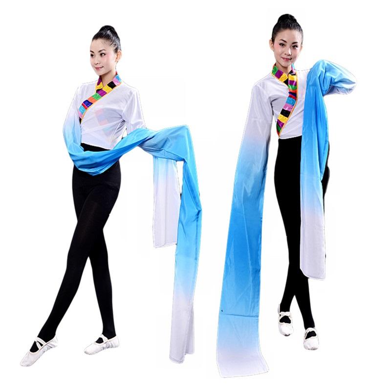 中国 舞踊 衣装 練習着 レディース 子供 女の子 トップス 水袖 長袖 スリット 薄手 通気 レトロ パフォーマンス チベットダンス エスニック カラフル グラデーション 青 白