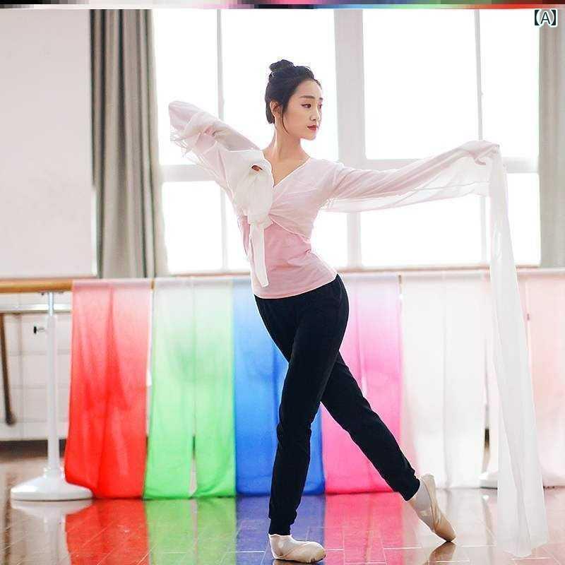 中国 舞踊 衣装 レトロ トップス レディース キッズ ロング 水袖 スリット グラデーション シフォン シアー 舞台 オペラ ステージ 演出 クラシック モダン 民族 ダンス パフォーマンス 発表会 練習着 中華服 華流 ホワイト ピンク ブルー