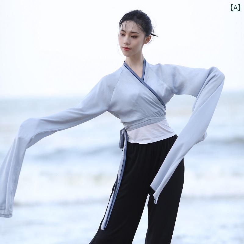 中国 舞踊 衣装 レトロ トップス レディース ロング 水袖 リボン Vネック 舞台 オペラ ステージ 演出 クラシック モダン 民族 ダンス パフォーマンス 発表会 トレーニング 練習着 中華服 華流 レトロ エレガント 大きいサイズ
