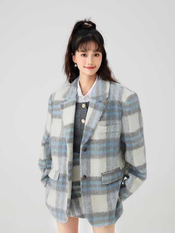 Coat - アウター レディース 秋冬 チェック柄 防寒 ウール コート ミドル丈 柔らかい かわいい ガーリー ゆったり 青と白 格子 シングルブレスト 韓国