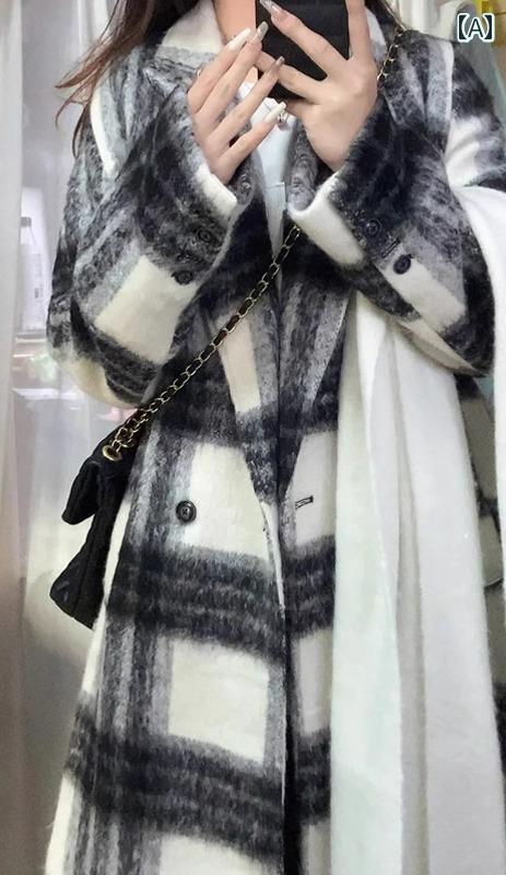 アウター レディース 秋冬 チェック柄 防寒 ウール コート ロング丈 暖かい 柔らかい ベルト ダブルブレスト カジュアル きれいめ 韓国