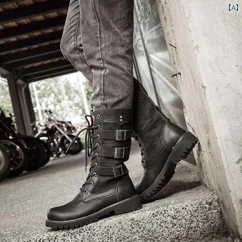 乗馬 ブーツ ハイ メンズ レトロ カウボーイ 馬術 馬具 用品 PU レースアップ トレーニング 競技 初心者 黒 茶 かっこいい
