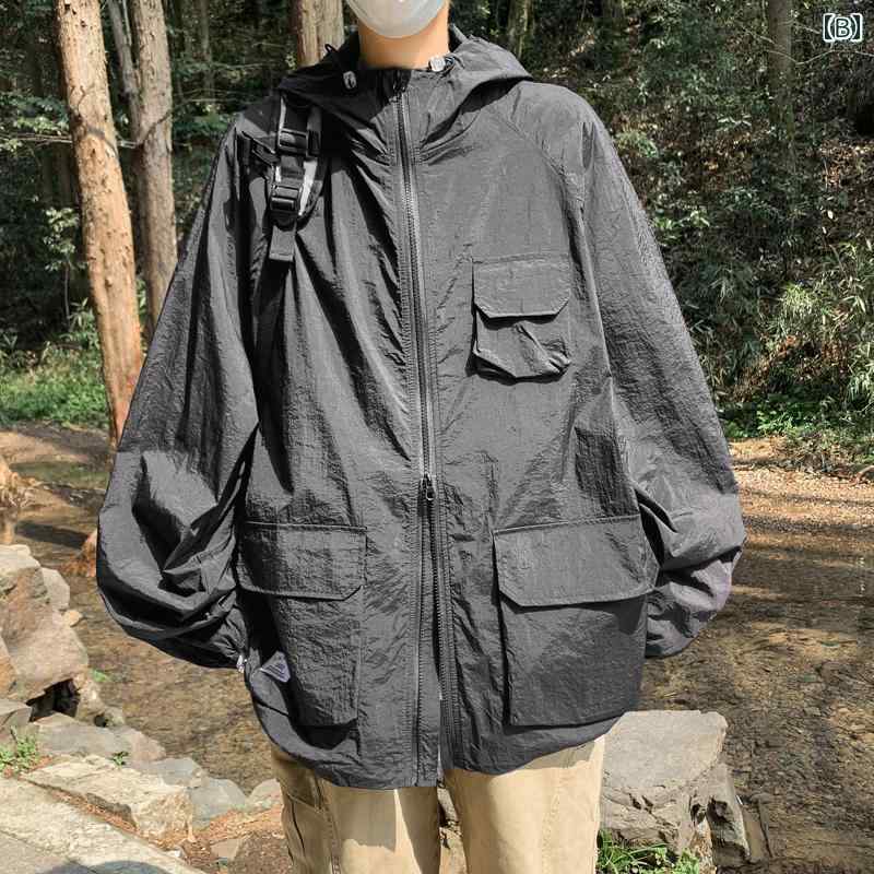 ジャケット メンズ 秋 長袖 夏 薄手 ポケット フード付き ひんやり 涼しい しわ加工 日焼け防止 レディース ウインドブレーカー アウター 大きいサイズ ジップアップ カジュアル 普段使い レジャー 無地 おしゃれ 白 グレー 黒