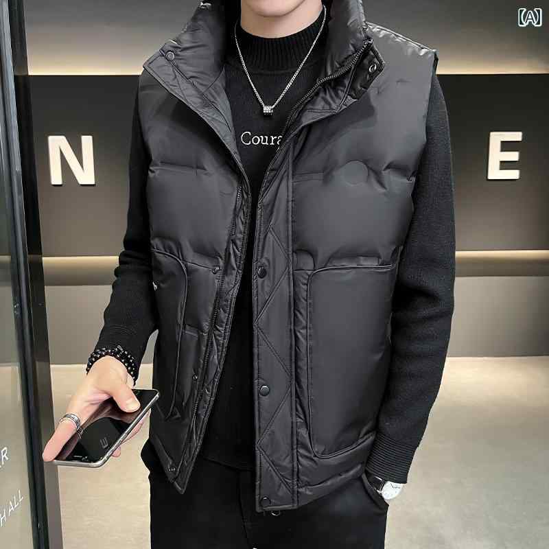 ダウンベスト 大きいサイズ メンズ 秋冬 暖かい 防寒 スタンドカラー ジップアップ ポケット ゆったり 軽量 ソフト おしゃれ カジュアル シンプル 黒 グレー