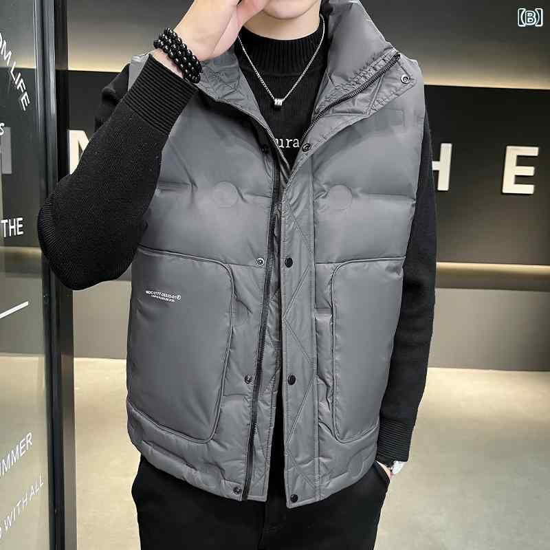 ダウンベスト 大きいサイズ メンズ 秋冬 暖かい 防寒 スタンドカラー ジップアップ ポケット ゆったり 軽量 ソフト おしゃれ カジュアル シンプル 黒 グレー