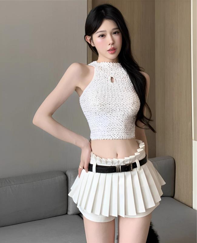 トップス レディース ノースリーブ スパンコール キラキラ ダンス 衣装 パーティー 秋 ホルターネック ショート丈 ジップアップ セクシー 細身 白 黒