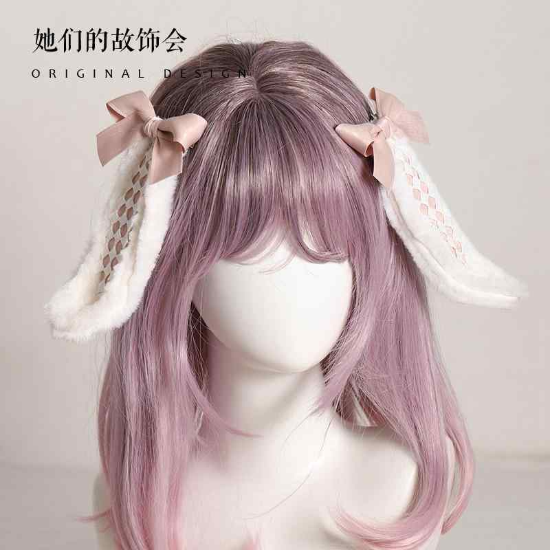 ロリータ ヘアアクセサリー 髪飾り リボン タレうさ耳 ヘッドドレス メイド ファンシー かわいい フリフリ ガーリー ふわもこ チェック柄 イベント コスプレ 衣装 白 ピンク 青 1