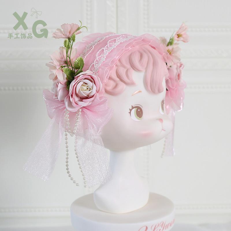 ロリータ ヘアアクセサリー 髪飾り リボン ヘッドドレス 豪華 メイド ファンシー かわいい フリフリ ガーリー シフォン シースルー 写真 撮影 小物 イベント コスプレ 衣装 白 青 ピンク