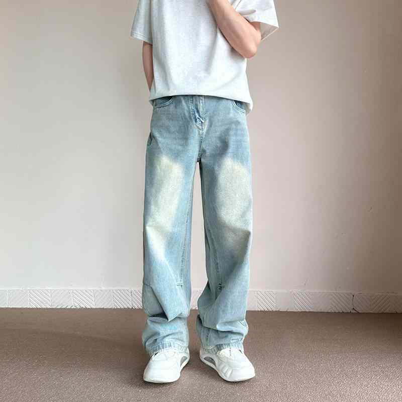 樂天商城 - ワイド デニムパンツ メンズ ゆったり 太め ジーンズ ストレート 大きいサイズ ポケット ジッパーフライ ウォッシュ コットン ロング Gパン ズボン ボトムス カジュアル シンプル ストリート アメカジ ヒップホップ ヴィンテージ風 普段使い 青