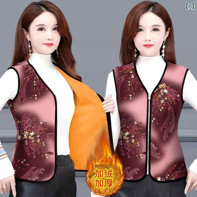 Senior Women's Warm Vest, Autumn/Winter, Fleece Lined, Thick, Zip-Up, Loungewear, Plus Sizes, Front Opening, Floral Pattern