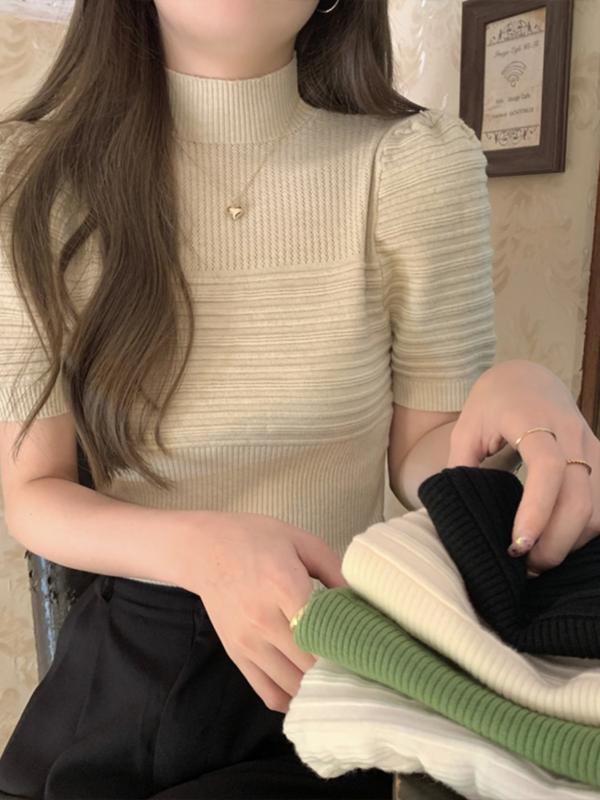 Three-Quarter Knit - パフスリーブ 半袖 ニット レディース セーター プルオーバー スリムフィット ハイネック フレンチ アプリコット ホワイト グリーン トップス 無地 シンプル おしゃれ