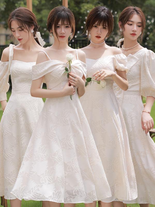 ブライズメイドドレス お揃いドレス レディース 結婚式 パーティー ミモレ マキシ丈 Aライン 肩出し パフスリーブ スリム フィット ソフト 通気 おしゃれ エレガント シャンパンカラー 大きいサイズ 春夏
