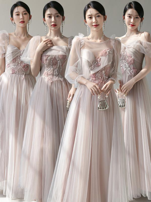 ブライズメイドドレス お揃いドレス レディース 結婚式 パーティー マキシ丈 Aライン シアー パフスリーブ スリム フィット ソフト 通気 おしゃれ エレガント 花柄 ピンク 大きいサイズ 春秋