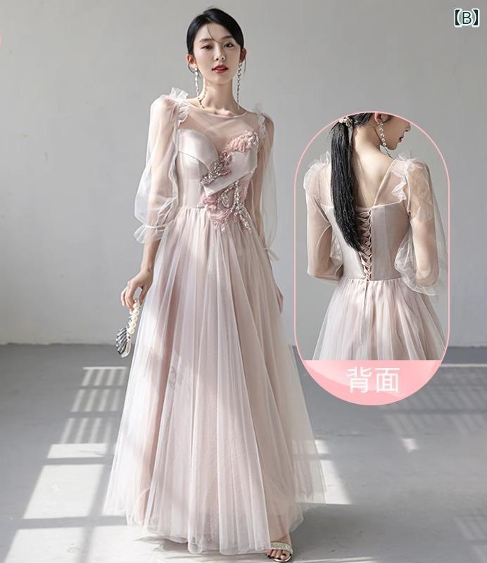 ブライズメイドドレス お揃いドレス レディース 結婚式 パーティー マキシ丈 Aライン シアー パフスリーブ スリム フィット ソフト 通気 おしゃれ エレガント 花柄 ピンク 大きいサイズ 春秋