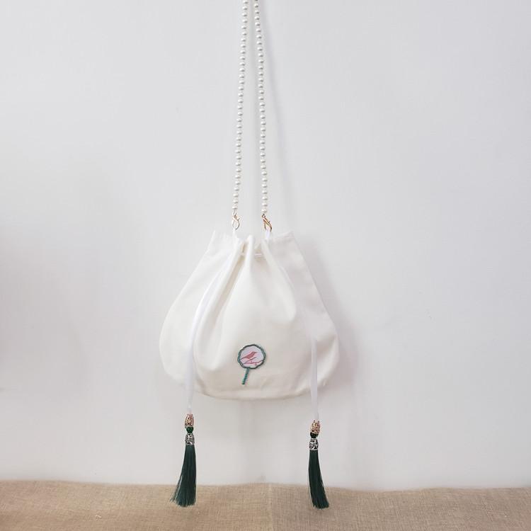 N - ショルダーバッグ レディース チャイナ風 刺繍 レトロ タッセル 巾着 キャンバス ソフト 小さめ 縁起物 パール ストラップ おでかけ ポシェット 蓮 うちわ ひょうたん