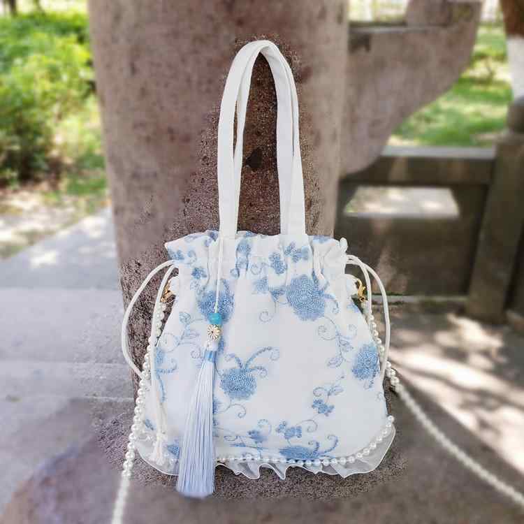 ショルダーバッグ レディース パール ストラップ 中国 レトロ タッセル 小さめ 花 刺繍 巾着 ソフト レース レジャー ポシェット おでかけ 黄 緑 青