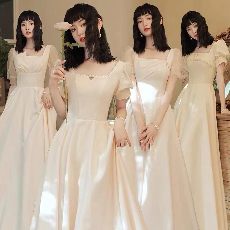 ブライズメイドドレス お揃いドレス ワンピース 結婚式 発表会 フォーマル ロング ミモレ パフスリーブ スクエアネック おしゃれ 大きいサイズ シャンパンカラー