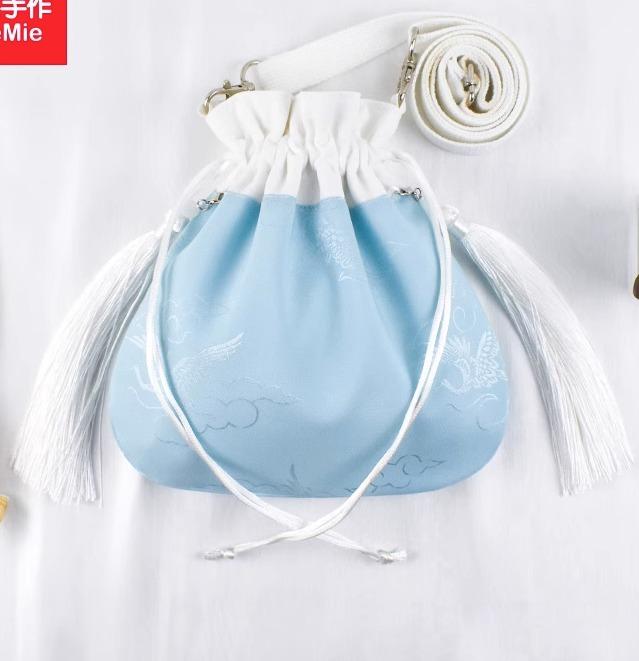 チャイナ バッグ ショルダー レディース レトロ エスニック 巾着 ラウンド ソフト 洗える おでかけ 取り外し 可能 ポシェット ストラップ タッセル 青 白 赤