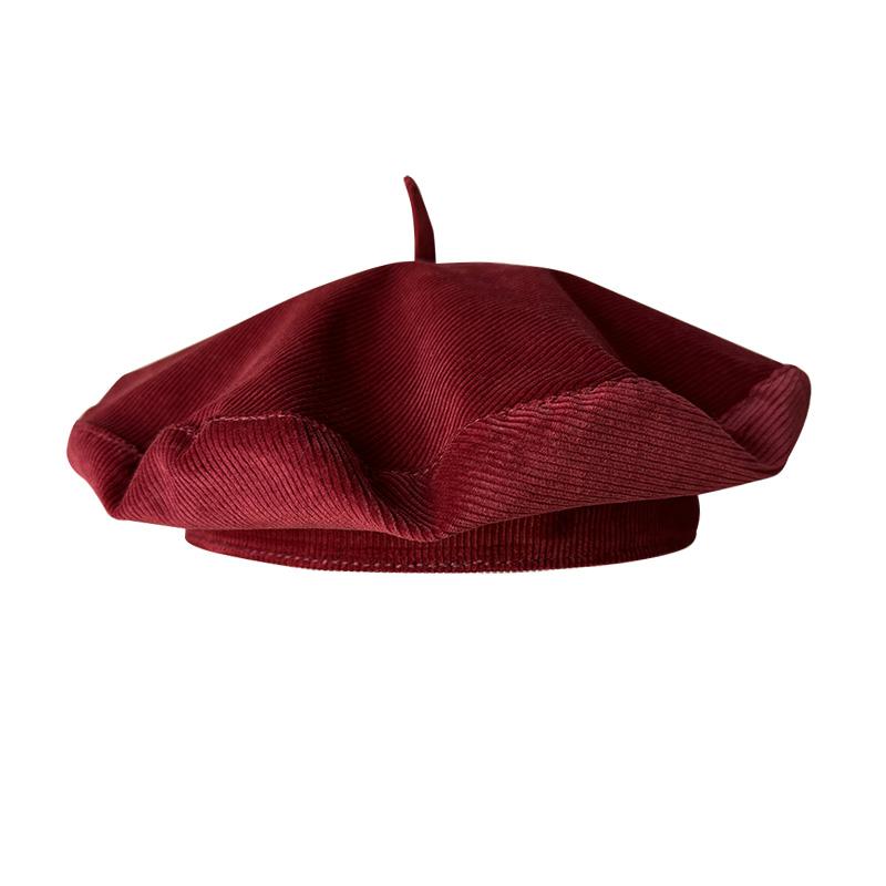 ベレー帽 レディース 秋冬 レトロ 韓国 画家 ワインレッド 綿 フラットトップ ポッチ おしゃれ コーデュロイ 英国スタイル ファッション(4)