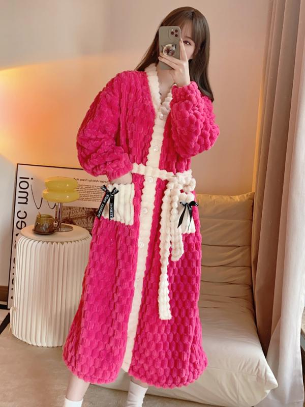 バスローブ レディース 冬 秋 女性用 ナイトガウン ローズピンク 紫 黒 セクシー 厚手 ベルベット ロン..