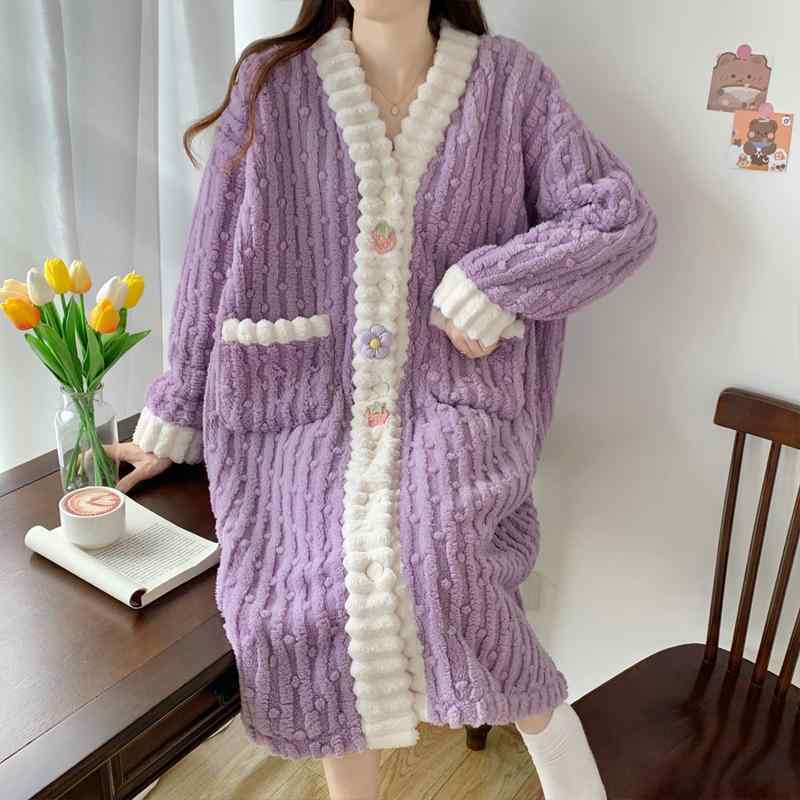 バスローブ レディース 冬 秋 紫 ピンク かわいい ストロベリー 花 柔らかい 快適 ナイトガウン 厚手 暖かい カーディガン パジャマ 刺繍 ラウンジウェア