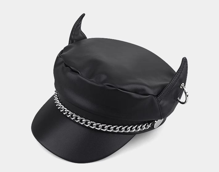 ワークキャップ メンズ レディース デビル 耳 秋冬 韓国 ストリート ファッション PU レザー ピークハット 男女兼用 おしゃれ ブラック