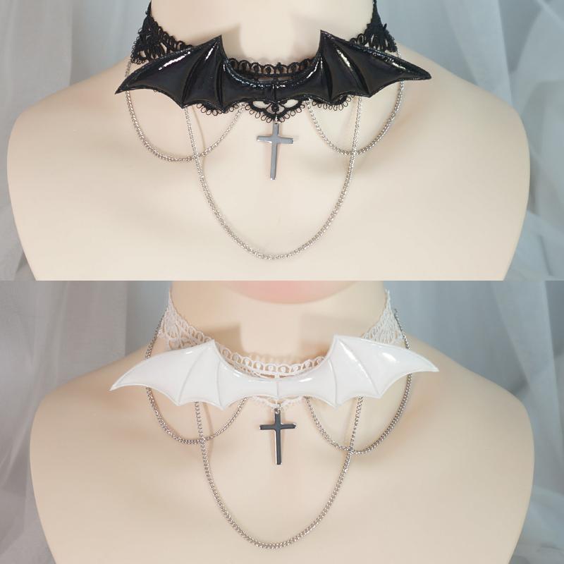 チョーカー レディース パンク ゴシック 白 黒 クロス 十字架 こうもり チェーン レース メイド 原宿 ダーク 装飾 春夏 秋冬 ゴスロリ ファッション アクセサリー コスプレ 衣装 パーティー サブカル 地雷系