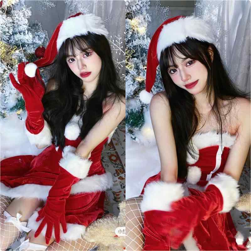 クリスマス コスプレ 大人 女子 サンタクロース コスチューム セクシー 衣装 レディース 韓国 チューブトップ ドレス 帽子 手袋 ポリエステル ベロア 白 ファー ミニ スカート フレア 編み上げ ポンポン パーティー かわいい M L XL サイズ