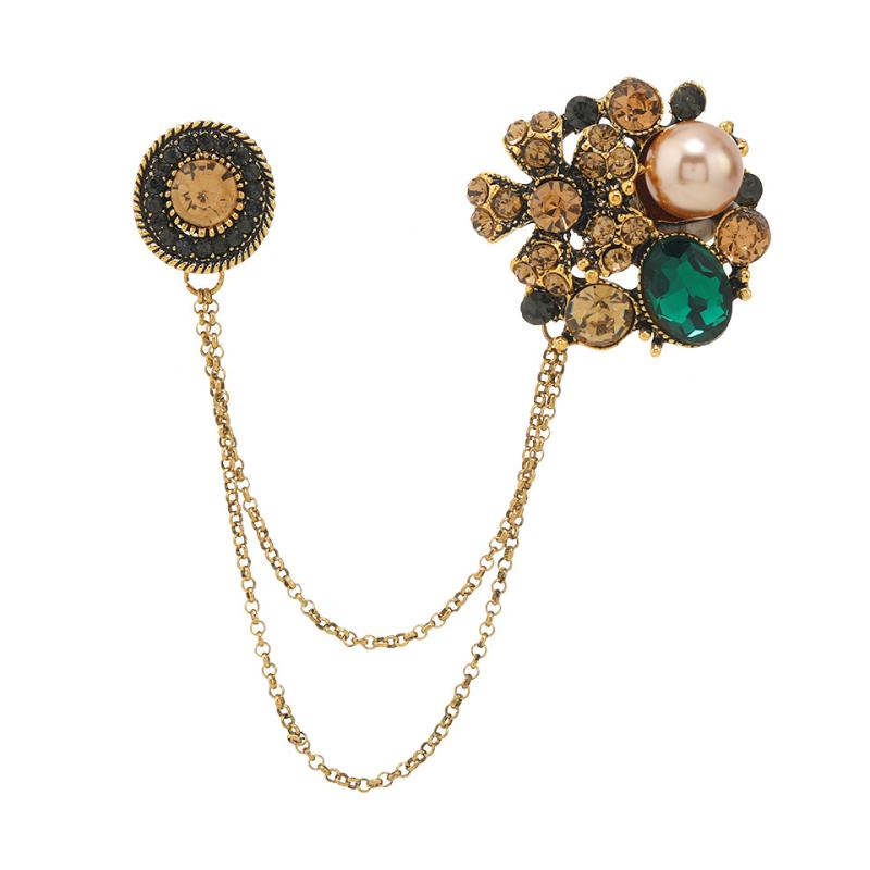 スーツ ラペルピン チェーン おしゃれ レトロ 椿 ブローチ ラインストーン 襟 フラワー アクセサリー レディース カジュアル 普段使い 緑 紫 黄