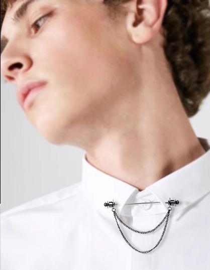 襟 止め ピン スーツ チェーン メンズ レディース シャツ ブローチ カラーバー 韓国 アクセサリー シンプル おしゃれ 華やか 金 銀 黒