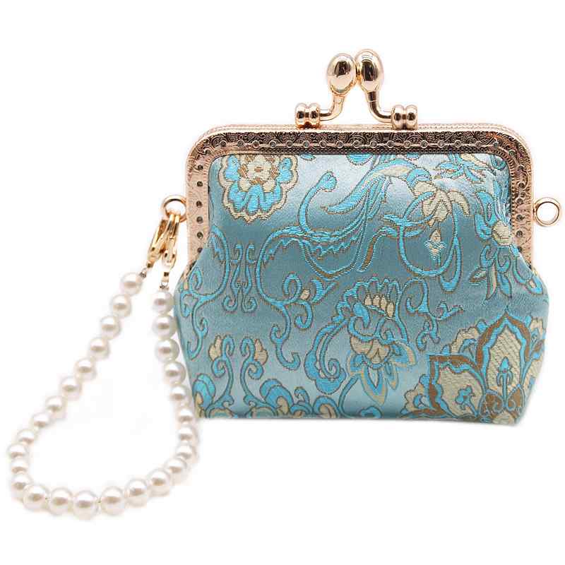 がま口財布 かわいい レディース 小銭入れ ガジェットポーチ 手作り レトロ 錦織 ミニ ヘッドフォンバッグ カード ブルー ベージュ ブラック ポリエステル ストラップ