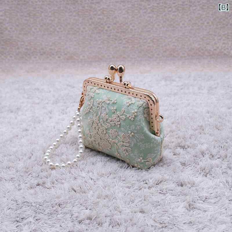 がま口財布 かわいい レディース 小銭入れ ガジェットポーチ チェーン バッグ 手作り レトロ レース ミニ ヘッドフォン カード ブルー グリーン ピンク ストラップ パール