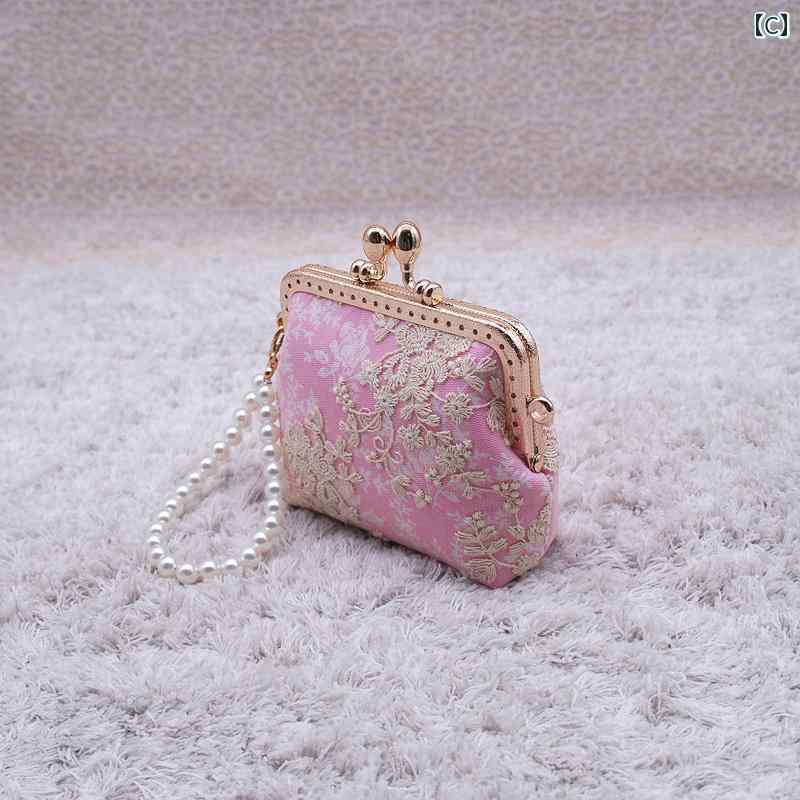 がま口財布 かわいい レディース 小銭入れ ガジェットポーチ チェーン バッグ 手作り レトロ レース ミニ ヘッドフォン カード ブルー グリーン ピンク ストラップ パール