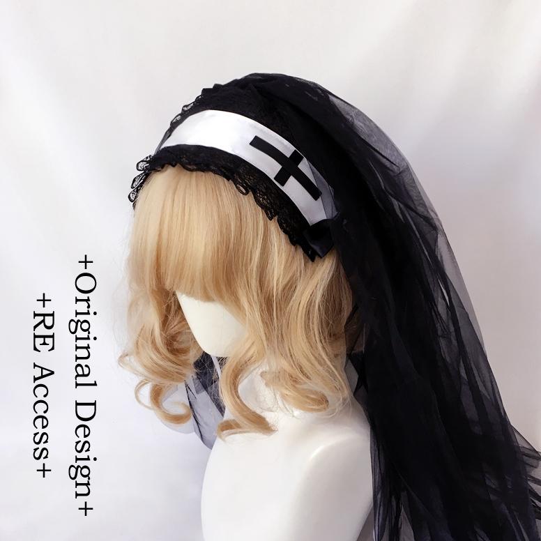 ヘッドドレス ロリータ ベール クロス 十字架 コスプレ コスプレイヤー ハロウィン 文化祭 髪飾り 女性 教会 刺繍 レトロ レース