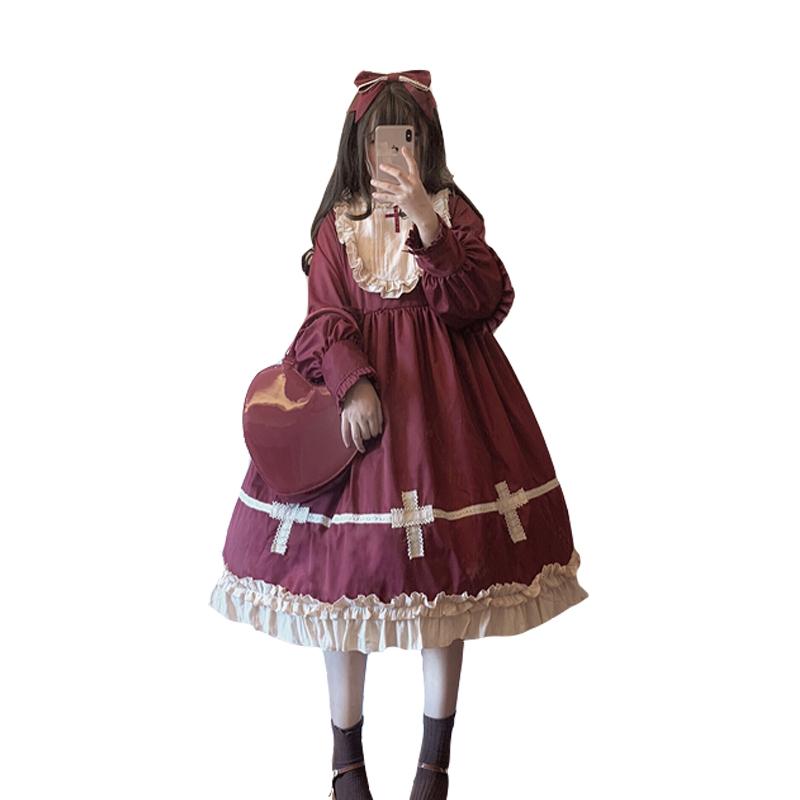 ロリータ ワンピース かわいい ミモレ丈 スカート 長袖 ふわふわ ファッション ゴスロリ 黒 十字架 フリル ギャザー レディース 萌え袖 ラウンドネック
