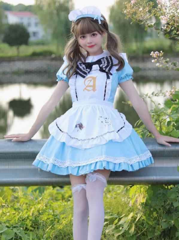 メイド服 可愛い ハロウィン コスプレ 衣装 ロリータ 青 トランプ クリスマスパーティー ミニ丈 スカート フリル リボン 大きいサイズ 靴下 エプロン