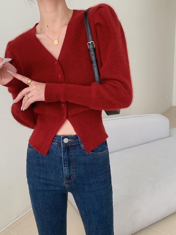 パフスリーブ ニット vネック セーター レディース 秋冬 ショート丈 トップス おしゃれ 袖 ぽわん 長袖 カーディガン 赤