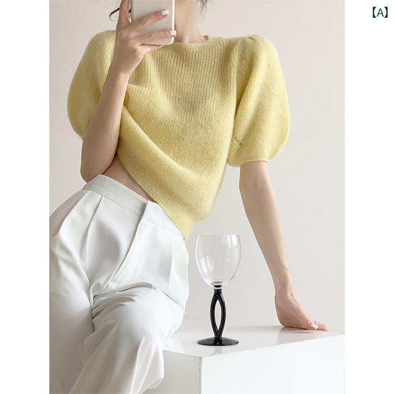 パフスリーブ ニット 半袖 レディース トップス 春夏 プルオーバー ショート丈 ゆったり ぽわん 袖 ふんわり きれいめ ラウンドネック 無地 黄 紫 青