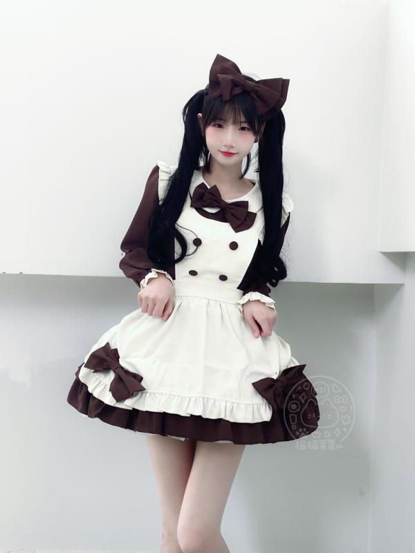 メイド服 可愛い リボン 茶 長 半 袖 大きいサイズ マイクロ ミニ丈 スカート ワンピース Aライン ハロウィン クリスマスパーティー