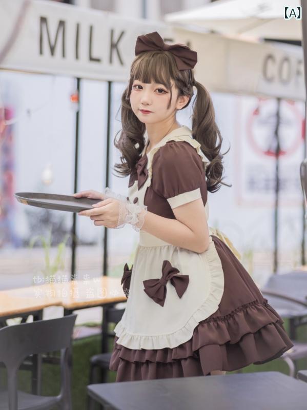 フロントップ楽天市場店のメイド服 可愛い リボン 茶 長 半 袖 大きいサイズ マイクロ ミニ丈 スカート ワンピース Aライン ハロウィン クリスマスパーティー｜アングル2