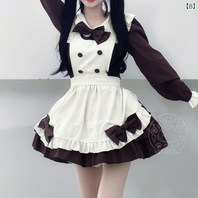 フロントップ楽天市場店のメイド服 可愛い リボン 茶 長 半 袖 大きいサイズ マイクロ ミニ丈 スカート ワンピース Aライン ハロウィン クリスマスパーティー｜アングル3